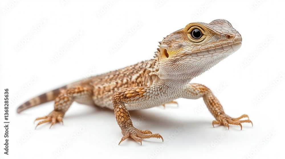 Naklejka premium Close-up of a young bearded dragon lizard against a white background.