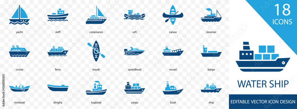 Water ship icon collection set. with Ship, Boat, Vessel, Sail, Ferry, Cargo, Barge, Yacht, Dinghy and more illustration Water ship icon collection set. with Ship, Boat, Vessel, Sail, Ferry, Cargo, Barge, Yacht, Dinghy and more illustration