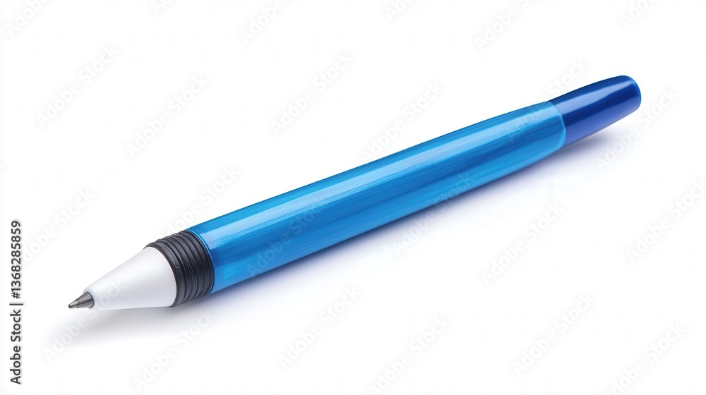 Close-up of a sleek blue pen with a modern design on a white background. Close-up of a sleek blue pen with a modern design on a white background.