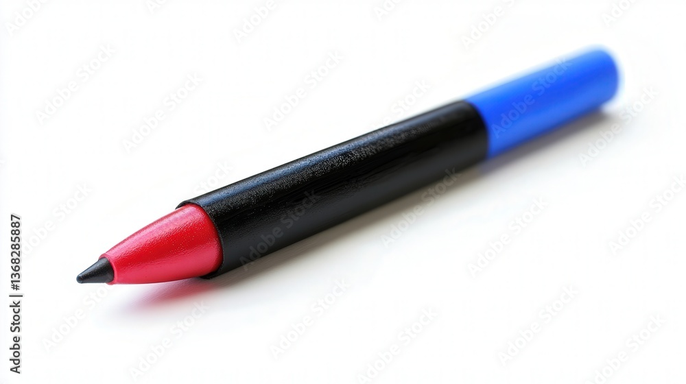 Close-up of a multicolored pen with a red tip and blue casing on a white background. Close-up of a multicolored pen with a red tip and blue casing on a white background.