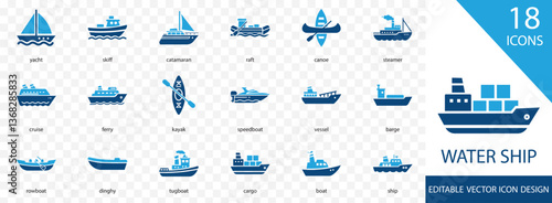 Water ship icon collection set. with Ship, Boat, Vessel, Sail, Ferry, Cargo, Barge, Yacht, Dinghy and more illustration