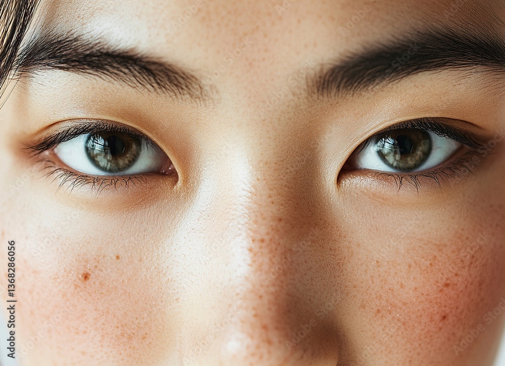 Obraz premium Close-up of a beautiful Asian woman's face, white background, beauty portrait skin care product advertisement, smooth skin tone, healthy glow, close-up, visible skin pores, professional photography,