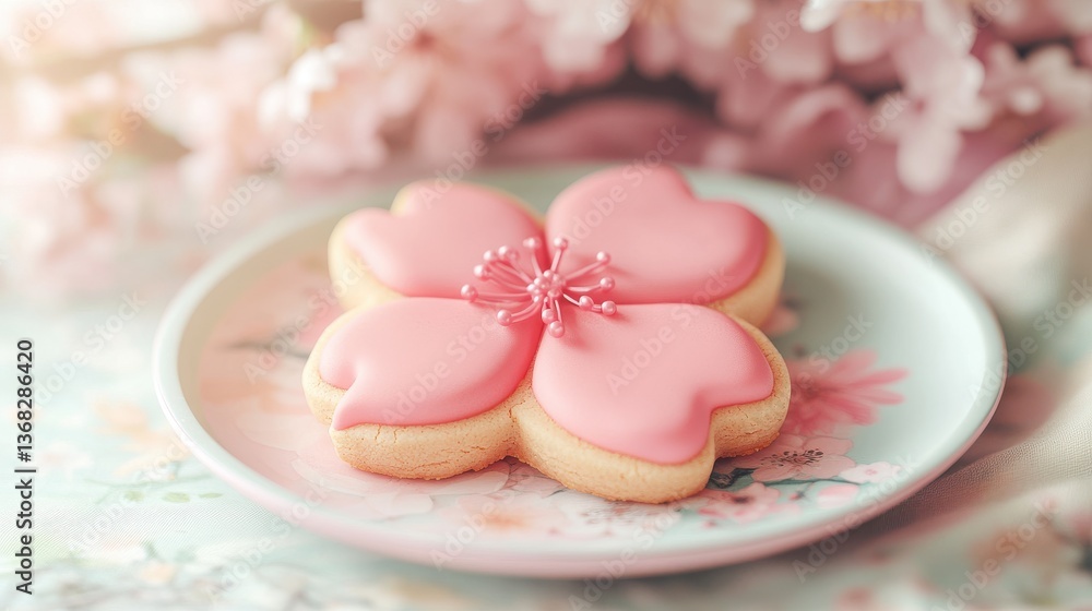 A pink flower-shaped cookie on a decorative plate surrounded by blossoms. A pink flower-shaped cookie on a decorative plate surrounded by blossoms.
