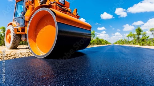 Road construction with a heavy roller compacting asphalt under a blue sky