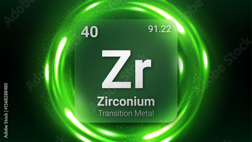 Zirconium (Zr) (040) Transition Metal, Glass Morphism Element Futuristic Neon Light Glow Background Periodic Table, Chemical Symbol, Name, Atomic Mass, Atomic Number, Vector Illustration