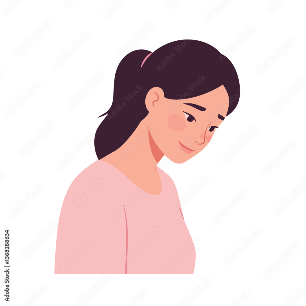 Woman with long hair looking down in flat style vector art Woman with long hair looking down in flat style vector art