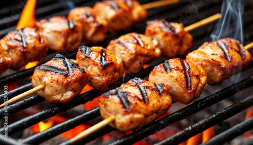 Wallpaper Mural Appetizing chicken fillet kebabs cooked on the grill. Meat is strung on wooden skewers, has a golden crust with characteristic stripes from the grill grates Torontodigital.ca