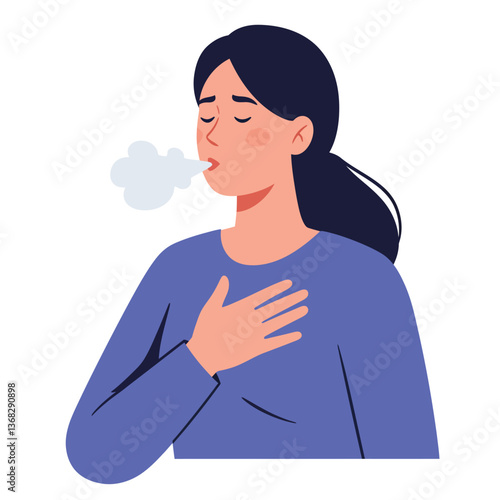 Woman exhaling smoke in flat style vector illustration with calming expression and soft colors