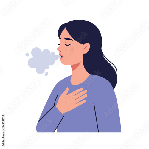 Woman exhaling with hand on heart in flat vector illustration