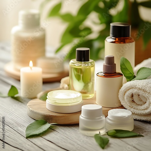 Luxurious Spa Products and Scented Candles on Wooden Surface. A Relaxing and Rejuvenating Self-Care Setting.