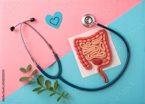 Healthy Intestine Model with Stethoscope and Heart, for Medical Stock Photos