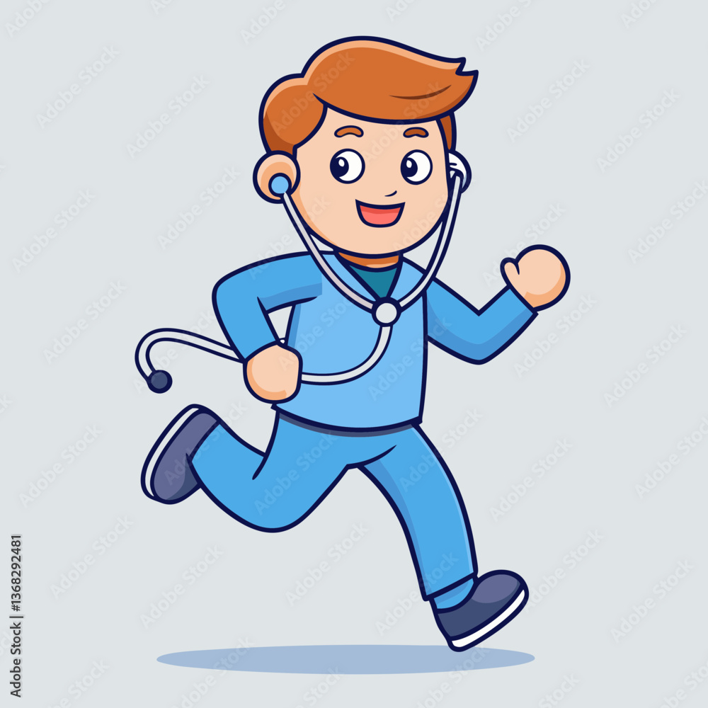 Cartoon Doctor or Nurse in Blue Scrubs Running with Stethoscope - Comical Medical Professional Vector Illustration. Cartoon Doctor or Nurse in Blue Scrubs Running with Stethoscope - Comical Medical Professional Vector Illustration.