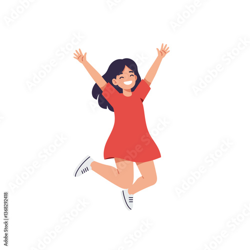 Happy girl jumping in a red dress with flat design style vector art