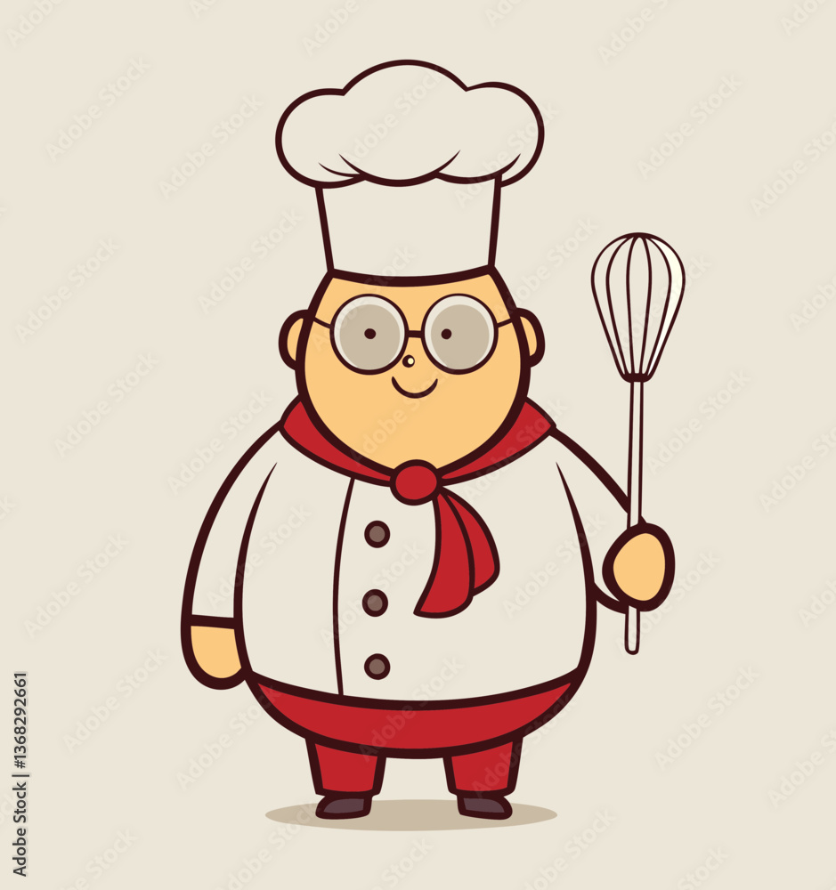 Cartoon Chef in White Uniform with Whisk and Red Neckerchief - Cute Vector Illustration with Smiling Expression. Cartoon Chef in White Uniform with Whisk and Red Neckerchief - Cute Vector Illustration with Smiling Expression.