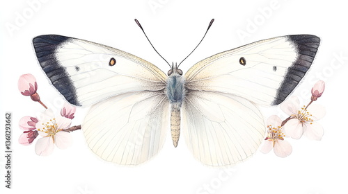 Gentle Butterfly and Cherry Blossom Scene in Pastel Watercolors