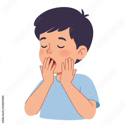 Young boy yawning with hands on face in flat vector art