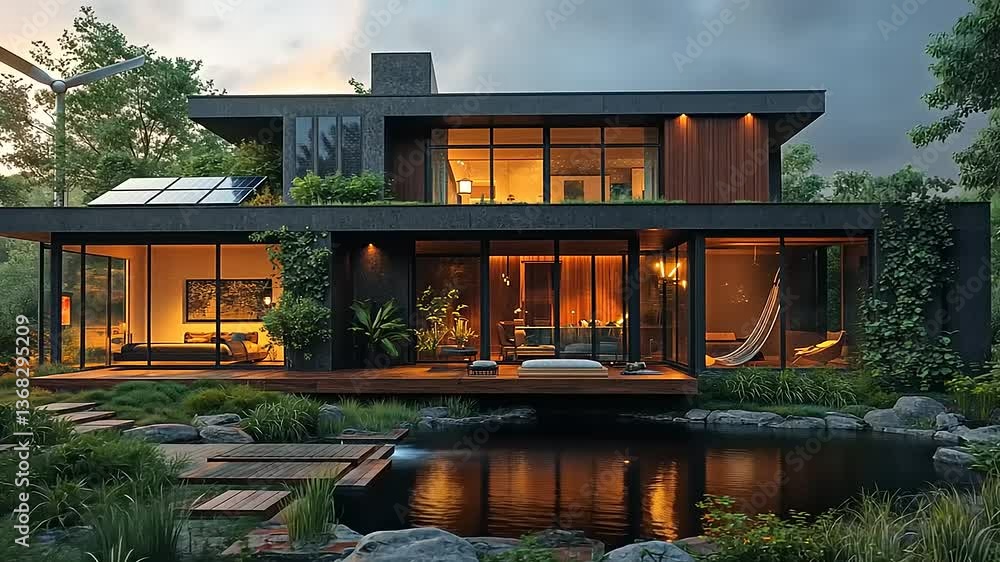 Modern architectural house surrounded by greenery and a serene pond at sunset Modern architectural house surrounded by greenery and a serene pond at sunset