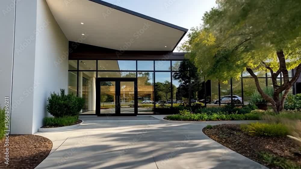 Modern architectural entrance of a building surrounded by lush greenery and a clear sky Modern architectural entrance of a building surrounded by lush greenery and a clear sky