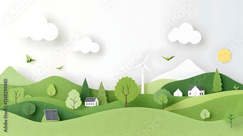 Whimsical paper cut art depicting an environmentally friendly town nestled in a lush natural landscape featuring wind turbines solar farms and paper clouds with a hopeful paper airplane taking flight