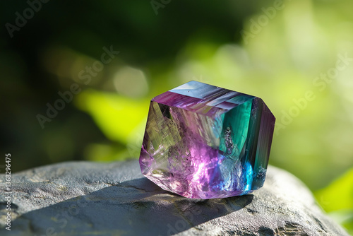 polished gemstone with vibrant purple and green hues. Based on its striking color shifts and crystalline structure, the gemstone could be fluorite or possibly alexandrite