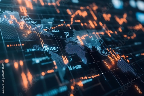 Data flow chart illustrating the connections between global financial markets, with sleek lines and nodes representing the flow of capital, stocks, and currencies in a modern, tech-driven world