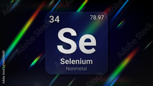 Selenium (Se) (034) Nonmetal, Glass Morphism Element Futuristic Neon Light Glow Background Periodic Table, Chemical Symbol, Name, Atomic Mass, Atomic Number, Vector Illustration