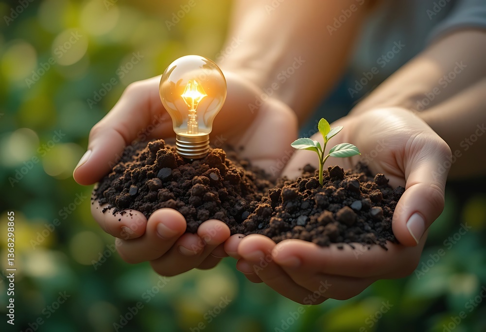 Fototapeta premium Hands holding soil with light bulb and seedling symbolizing growth and innovation for the future