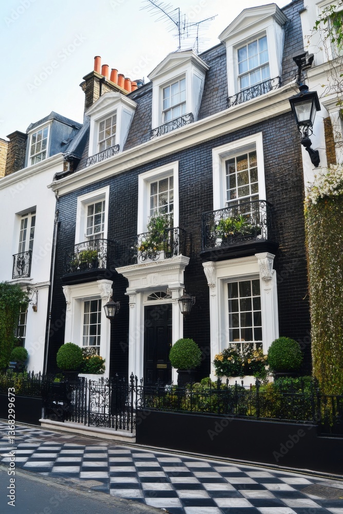 Naklejka premium Elegant black and white townhouse with lush greenery and unique architectural details in a charming London neighborhood during bright daylight