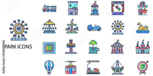 Park simple concept 24 color icons set. Contains such public park, playground, running, jogging, chair .Vector illustration.