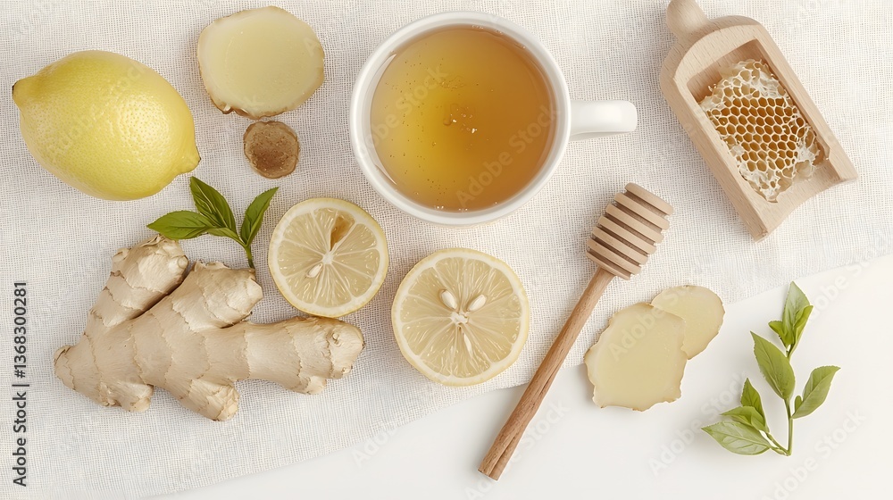 A warm and comforting cup of ginger tea accompanied by slices of fresh ginger lemon honeycomb and cinnamon sticks A warm and comforting cup of ginger tea accompanied by slices of fresh ginger lemon honeycomb and cinnamon sticks