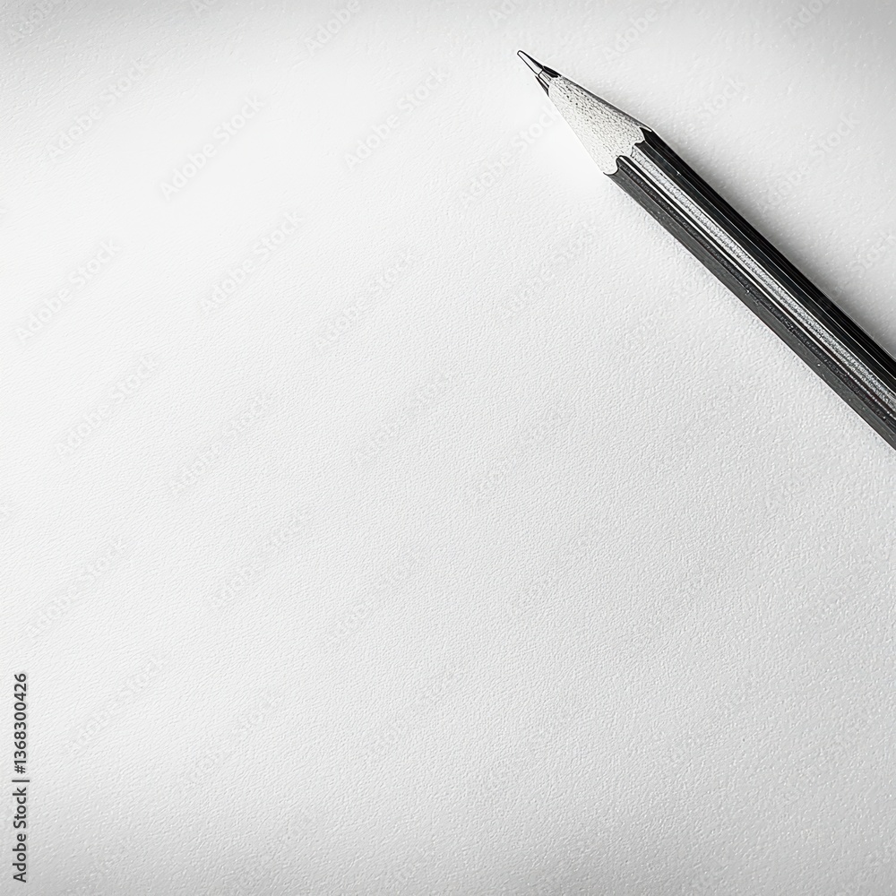 A close-up of a sharpened pencil resting on a blank, white sheet of paper, creating a minimalist artistic impression.