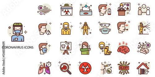 Simple Set of 24 Coronavirus Protection Related color Vector Line Icons. Contains such Icons as Protective Measures, Coronavirus Symptoms, Incubation Period and more. Vector illustration.