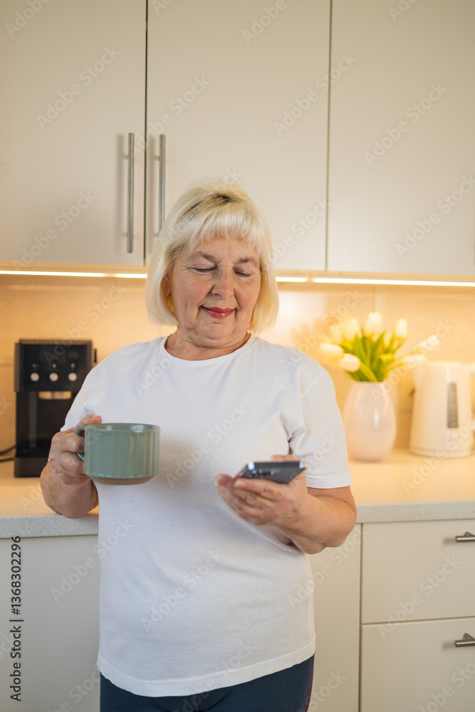 A senior woman stands in her kitchen holding a phone and a coffee cup, smiling. This image highlights the modern life of seniors enjoying their daily routines with technology and comfort