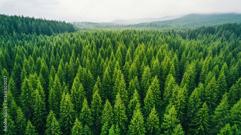 Obraz premium A lush green forest stretches across the landscape, showcasing dense coniferous trees under a cloudy sky, creating a serene and tranquil atmosphere.