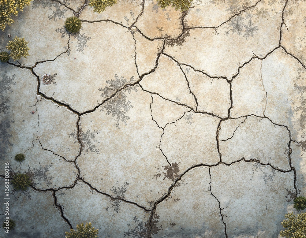 Obraz premium A cracked earth surface with sparse vegetation
