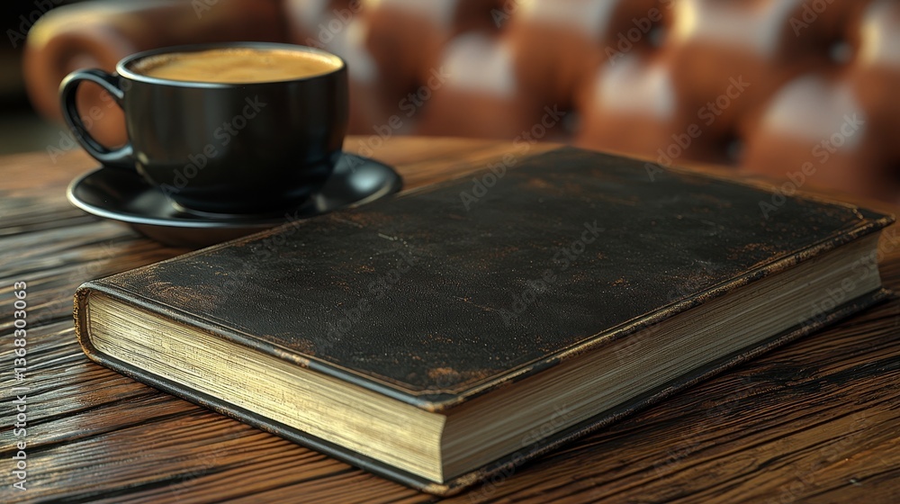 Naklejka premium Old Leather Book and Coffee on Wooden Table in Cozy Café Setting