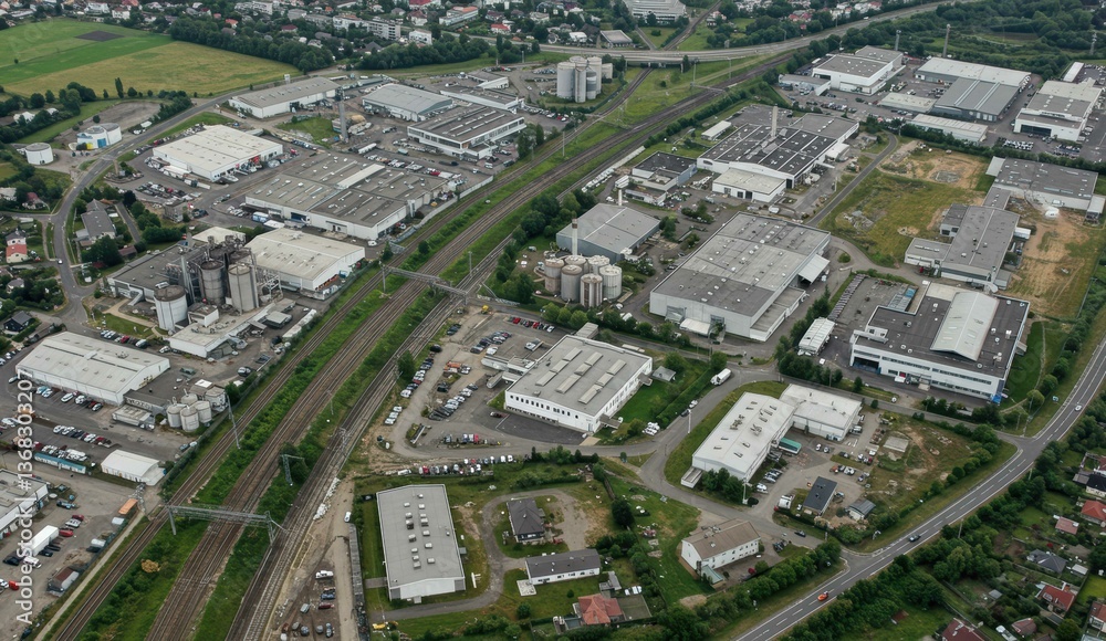 Fototapeta premium Aerial view of industrial area featuring warehouses, roads, and green fields in Germany, showcasing urban development and economy.