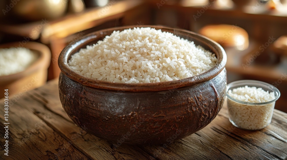 A large bowl brimming with cooked white rice. A smaller bowl of uncooked rice sits beside it on a rustic wooden table A large bowl brimming with cooked white rice. A smaller bowl of uncooked rice sits beside it on a rustic wooden table