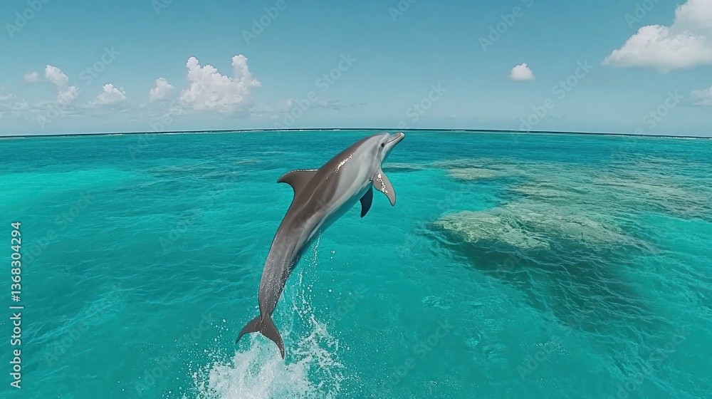 Fototapeta premium A dolphin leaps joyfully above the turquoise ocean waters under a blue sky