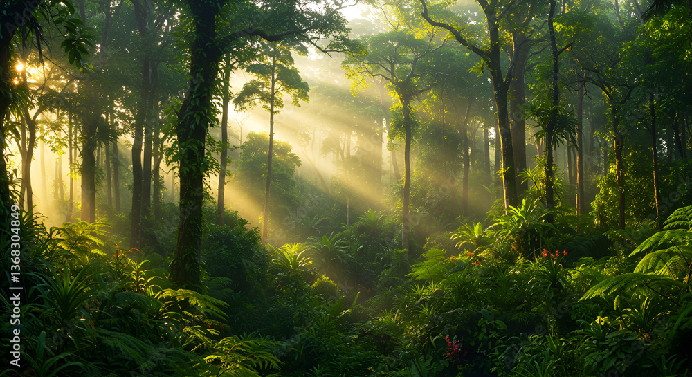 Obraz premium High-Resolution Lush Rainforest with Sunlight Filtering Through