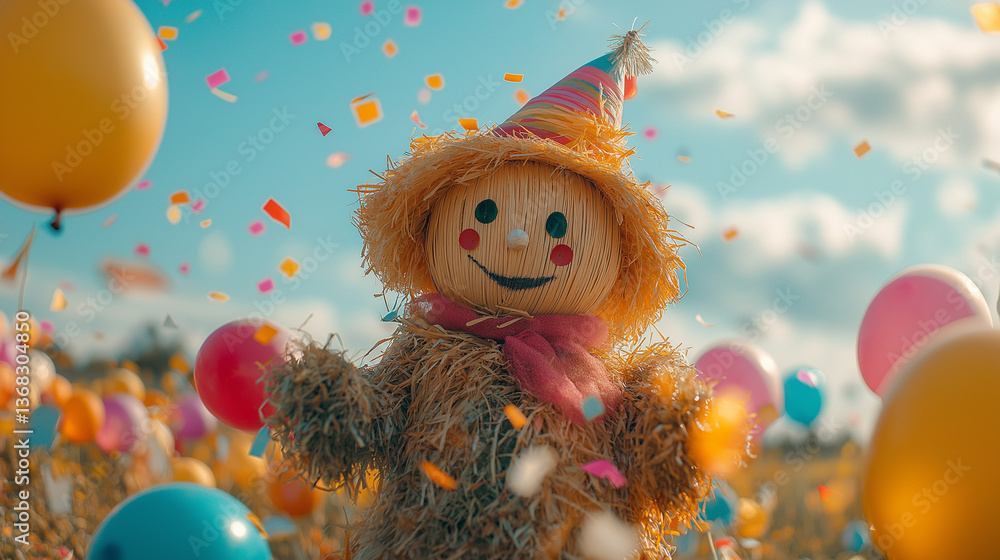 Playful scarecrow wearing a party hat, surrounded by balloons and colorful petals at a lively outdoor festival. AI Generated Images Playful scarecrow wearing a party hat, surrounded by balloons and colorful petals at a lively outdoor festival. AI Generated Images