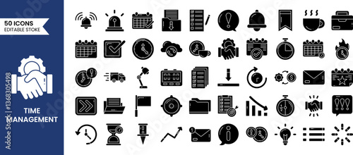 Time management icons set in solid style. Containing schedule, to-do list, task, manage time, planner, calendar, reminder, timer, set priorities and more. Vector illustration