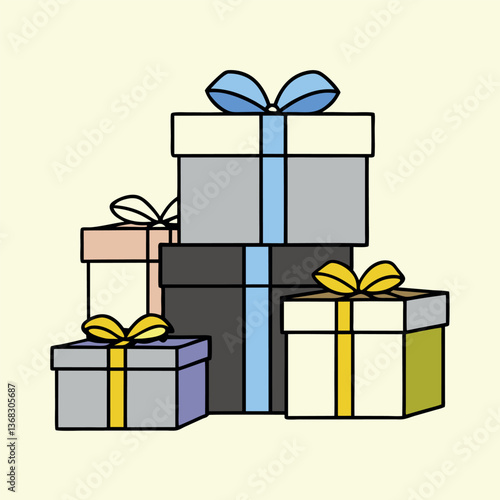 Stacked gift boxes colorful presents blue yellow. 