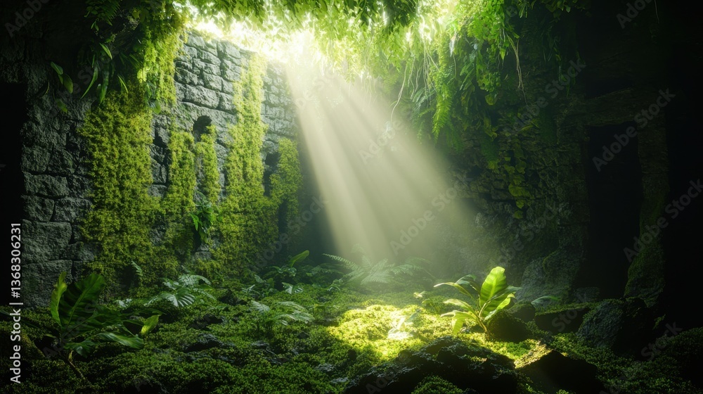 Obraz premium Sunlight filters through a lush, overgrown ruin, highlighting nature's reclaim.