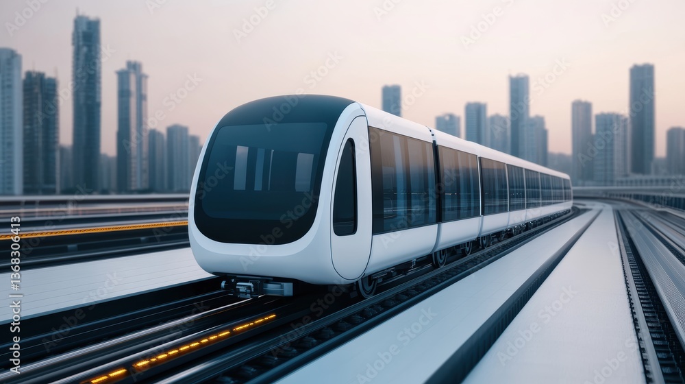 Naklejka premium A sleek, modern train travels on elevated tracks amid a city skyline, showcasing urban transportation in a futuristic setting.