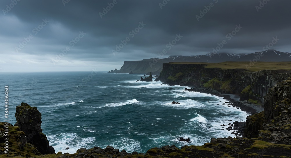 Obraz premium Dramatic Coastal Cliffs Dark Moody Ocean Waves. AI Generated