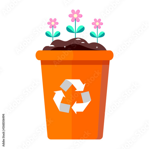Vector illustration of an orange recycling bin with a recycle symbol, filled with soil and blooming flowers, symbolizing composting, waste management, and sustainability.
