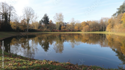 A serene lake reflecting autumn trees under a clear sky.