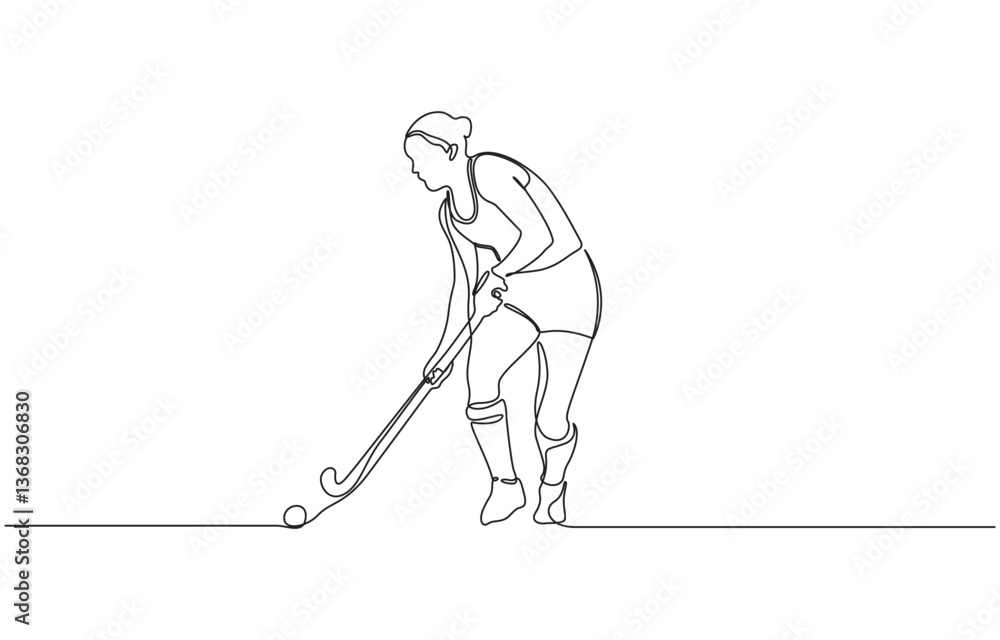 Samolepka Minimalist vector illustration of a female field hockey athlete playing a match, One continuous line drawing of young professional ice hockey player exercising and practicing on ice rink stadium