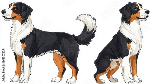 Detailed Illustration of a Playful Bernese Mountain Dog Character